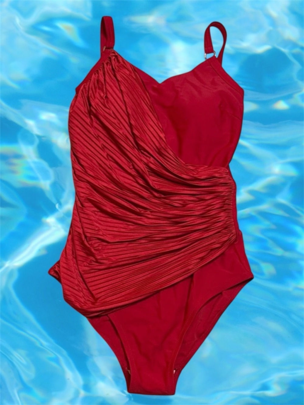 NWT Amoena Red One-Piece Swim Suit Ruched Pleated Panel sz 8